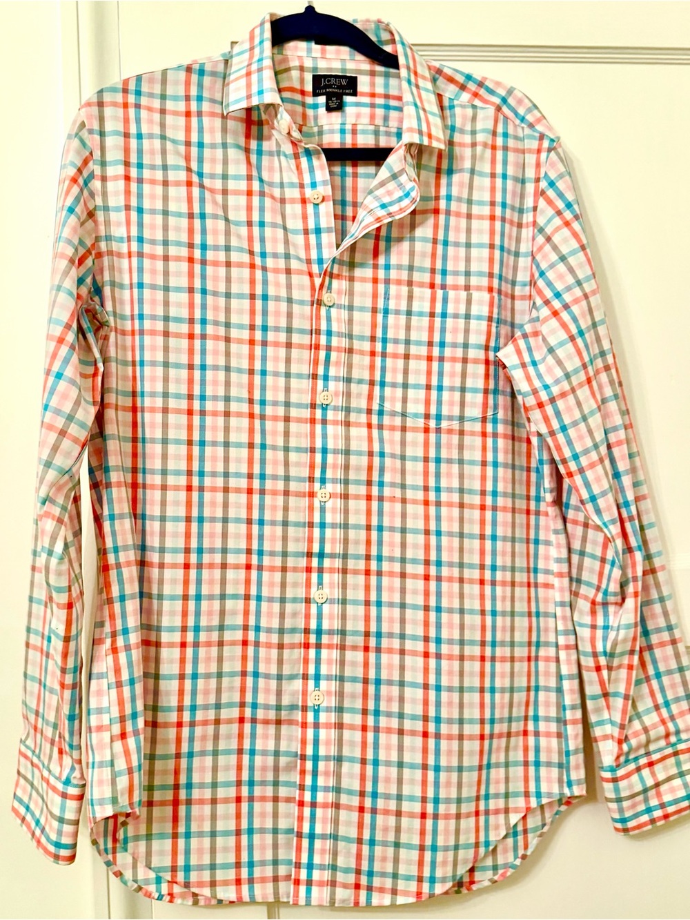 J. Crew Men’s Coral and Teal Plaid Button-Down Shirt
